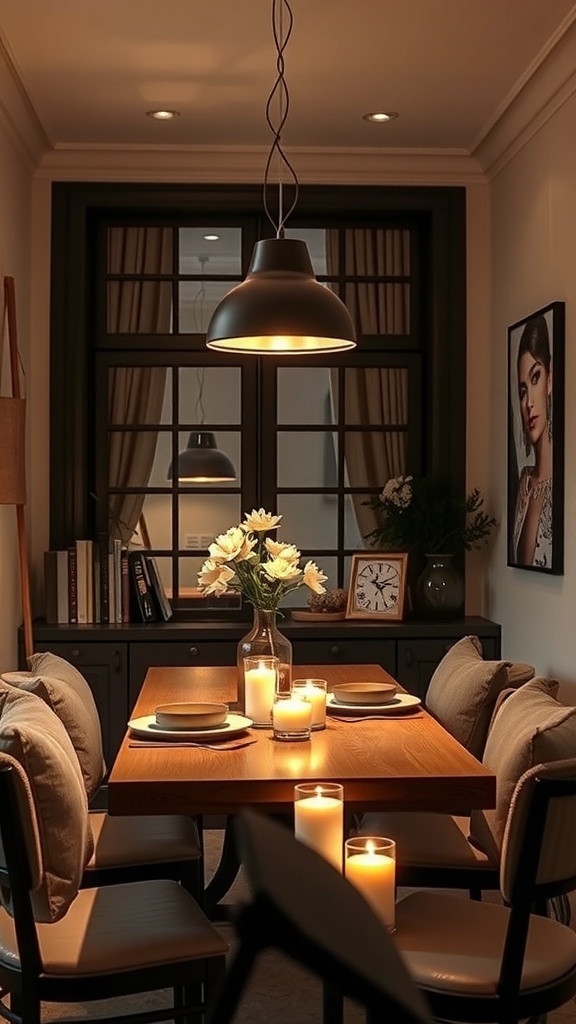 A small dining room with a pendant light, candles on the table, and a cozy atmosphere.
