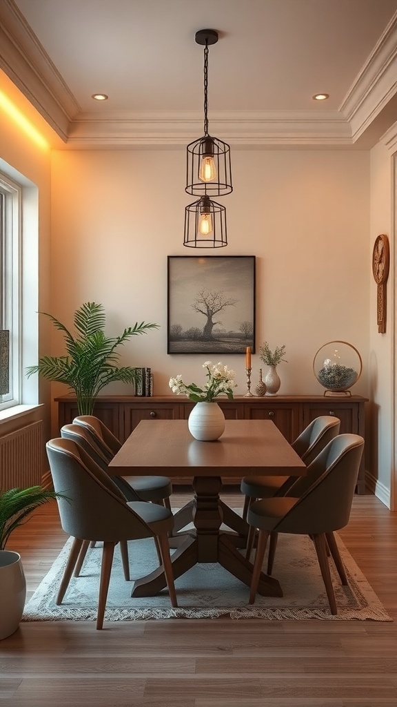 A small dining room with stylish pendant lights, a wooden table, and decorative elements.