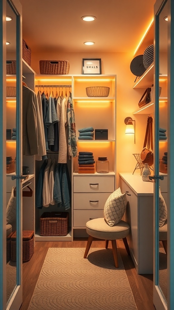A small walk-in closet with warm LED lighting, showcasing neatly organized clothes and accessories.