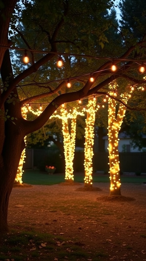 Backyard with trees wrapped in warm string lights