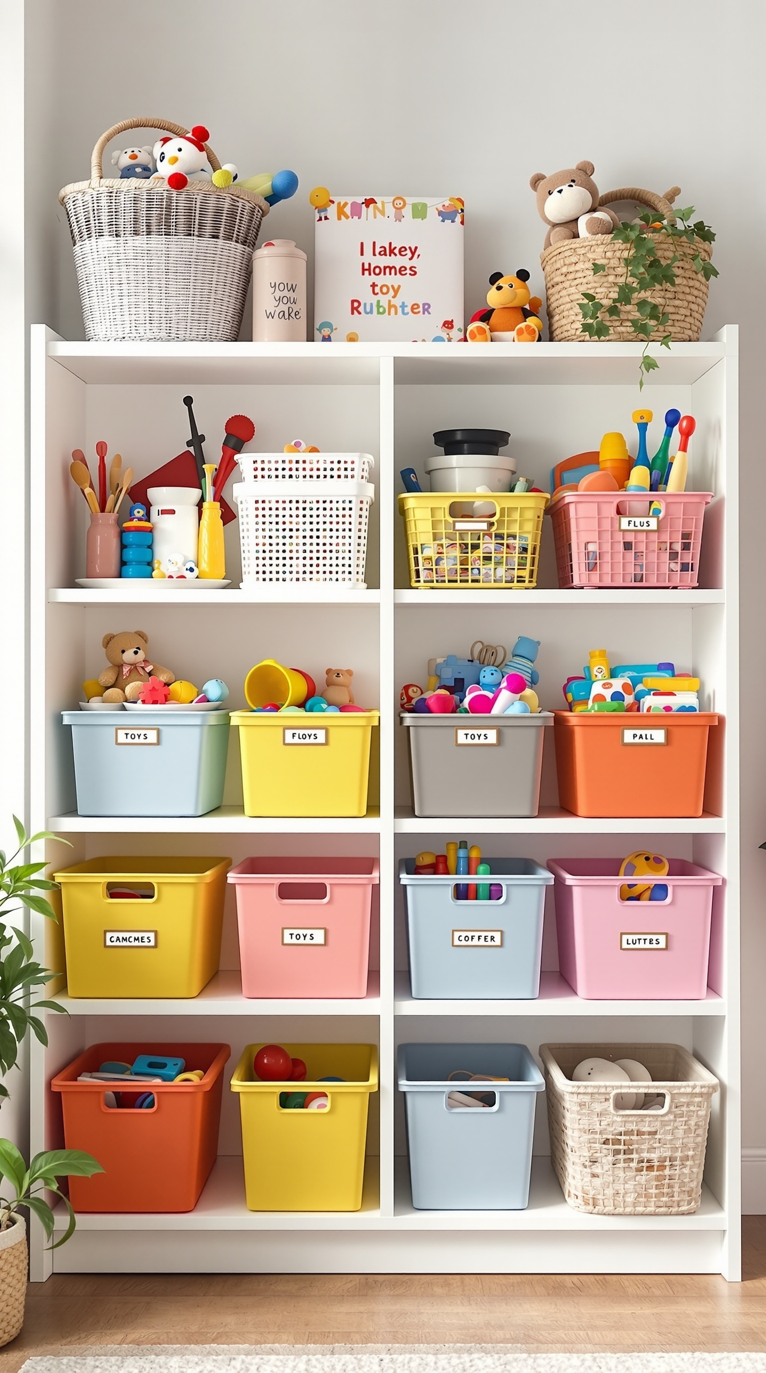 A colorful toy shelf organized with bins and baskets, showcasing a variety of toys and decorative elements.