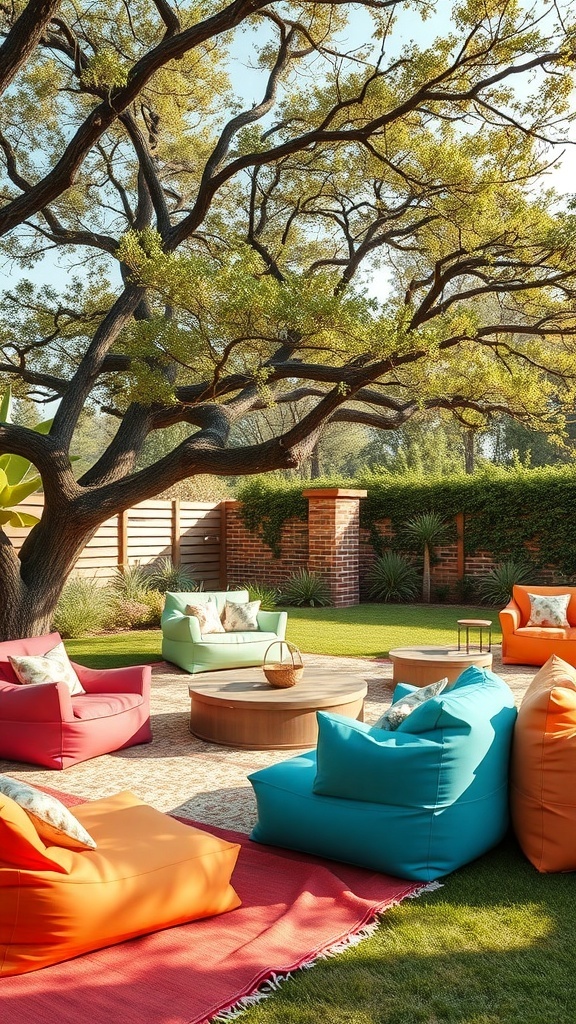 Colorful outdoor seating area with bean bags and chairs under a large tree