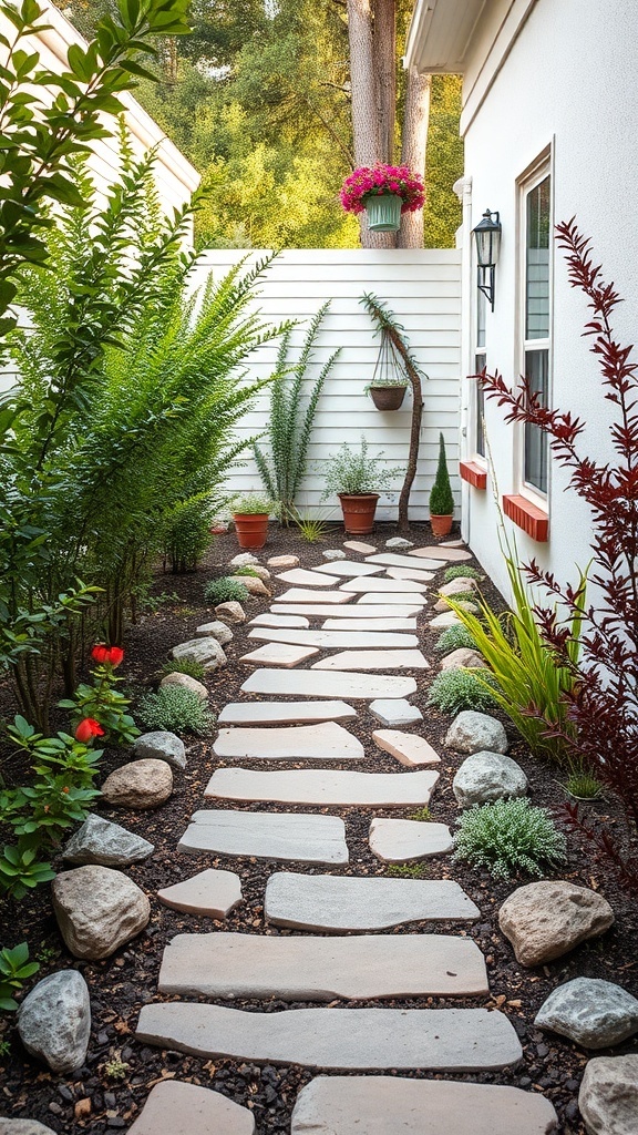 A stone pathway surrounded by greenery and potted plants in a small backyard.