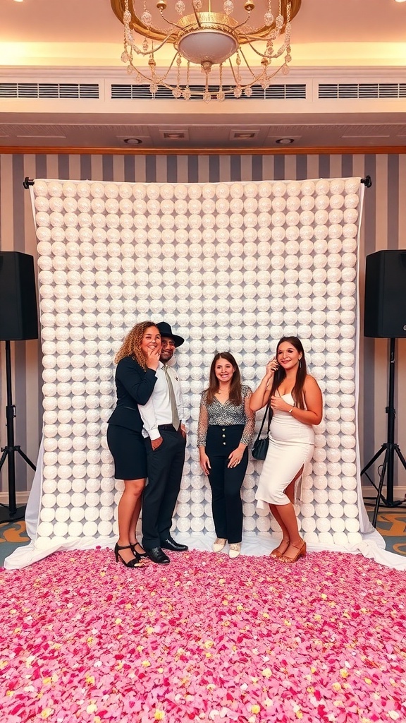 A group of four friends posing happily in front of a pearl-themed photo booth with flower petals on the ground.