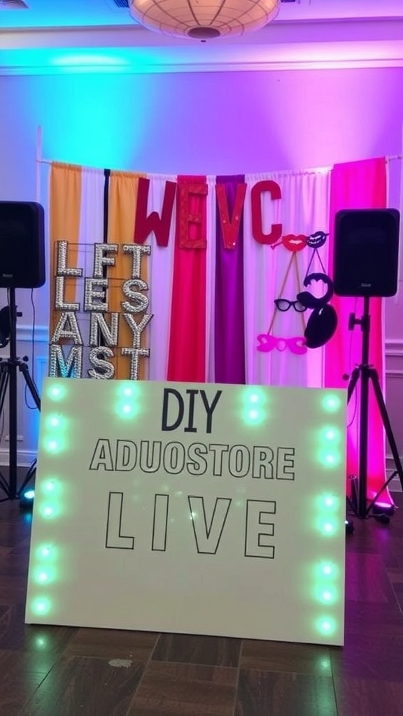Colorful photo booth backdrop with props and lights for a wedding reception