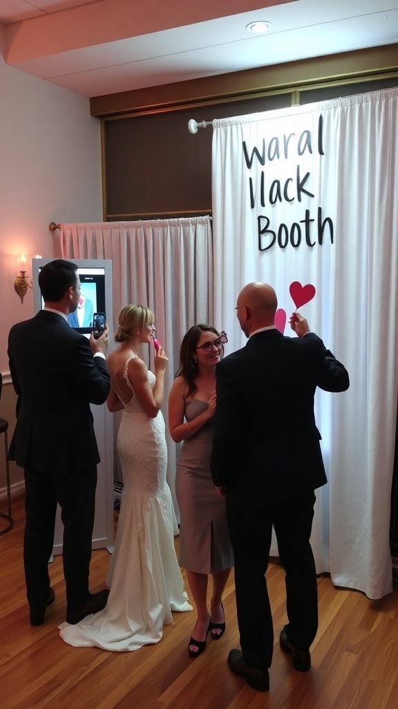 Guests interacting at a DIY photo booth during a bridal shower.