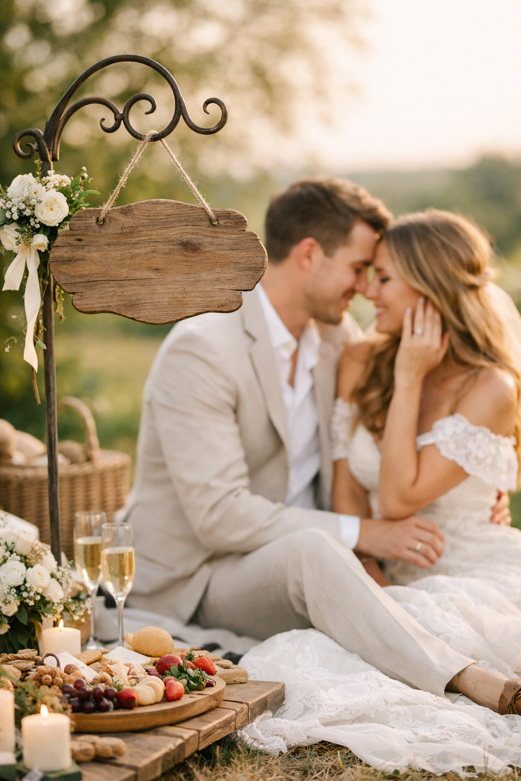 A beautifully set picnic with a wooden sign and a couple enjoying their engagement shoot.