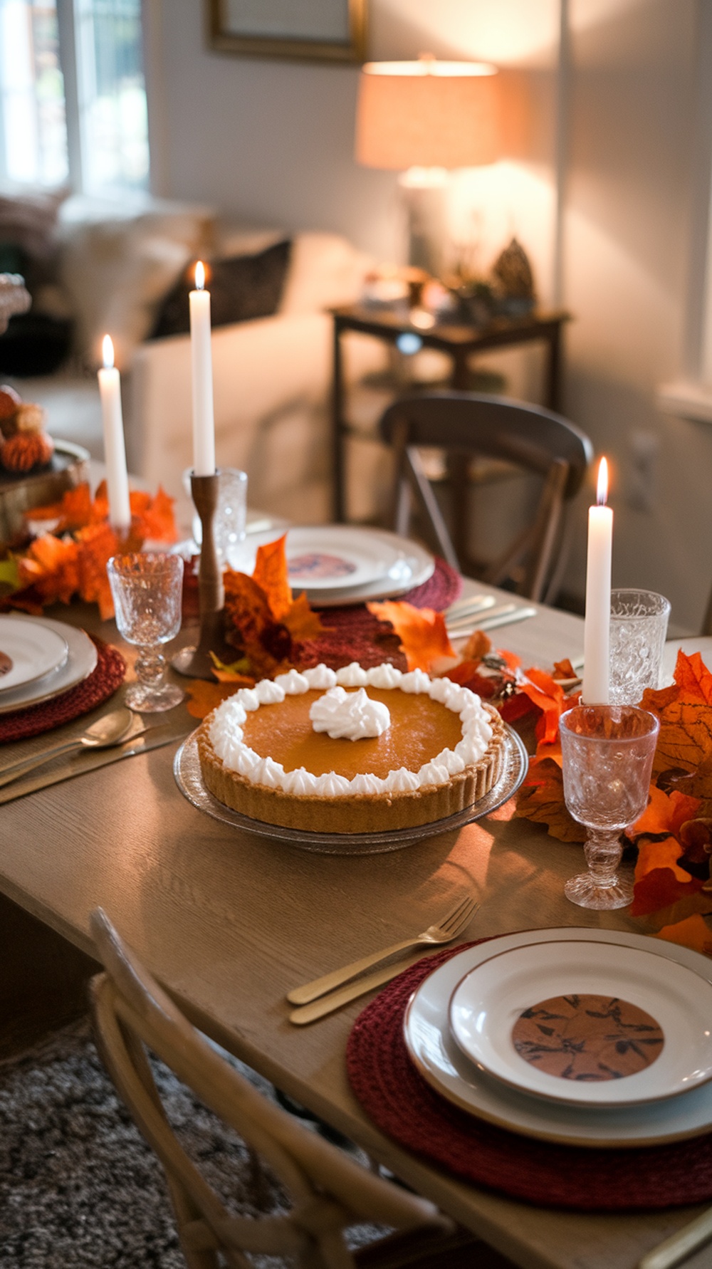 A beautifully arranged Thanksgiving table featuring a pumpkin pie, surrounded by fall leaves and elegant tableware.