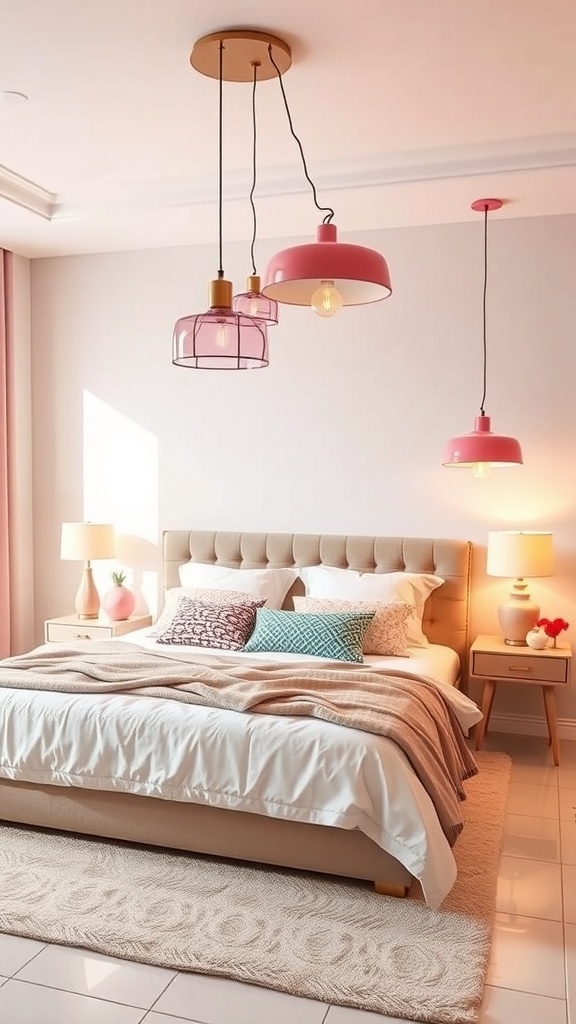 A pink-themed bedroom featuring creative lighting fixtures above the bed.