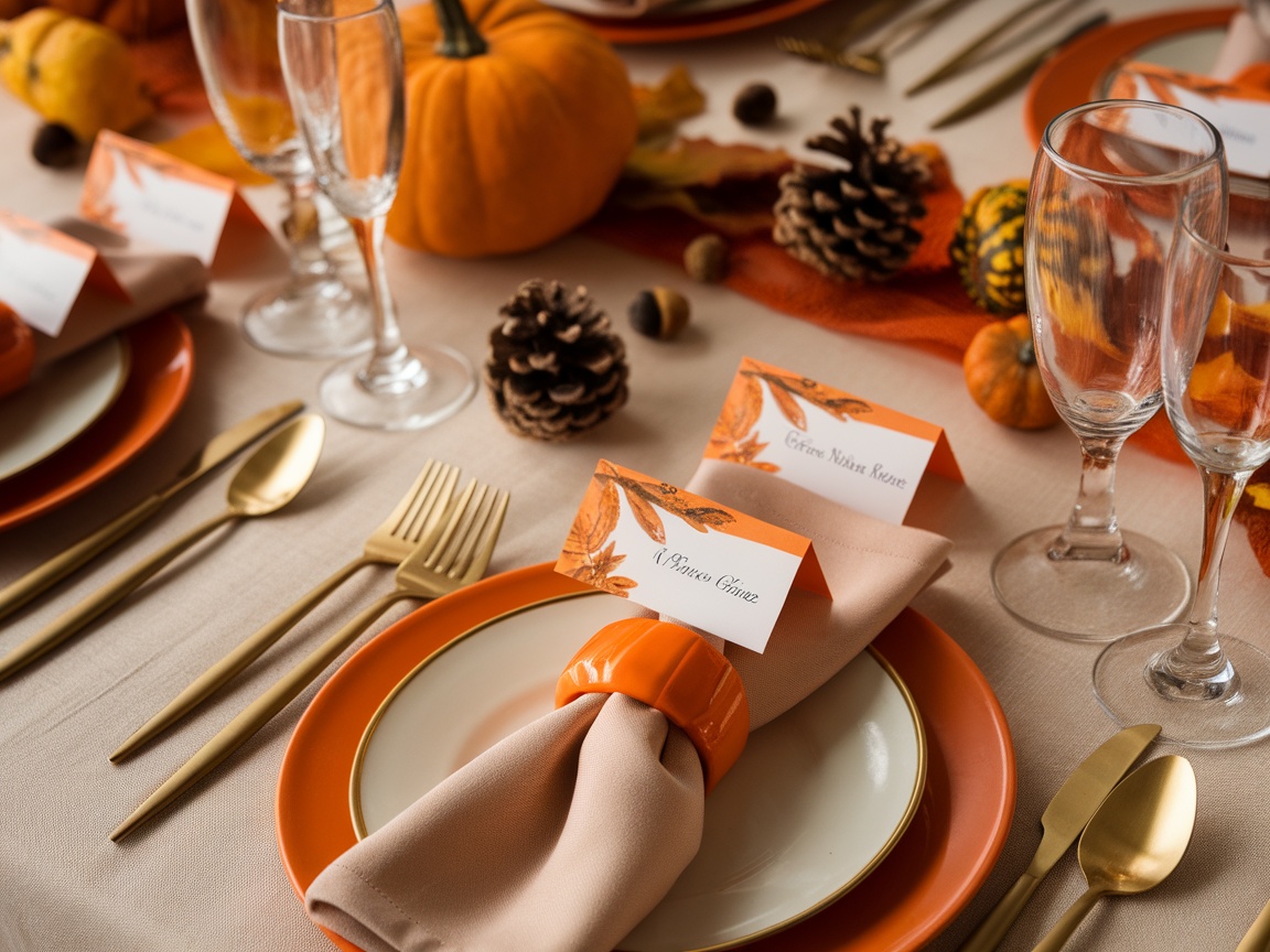 A Thanksgiving table setting with place cards that say 'thanks' and 'chands', featuring candles, pumpkins, and greenery.