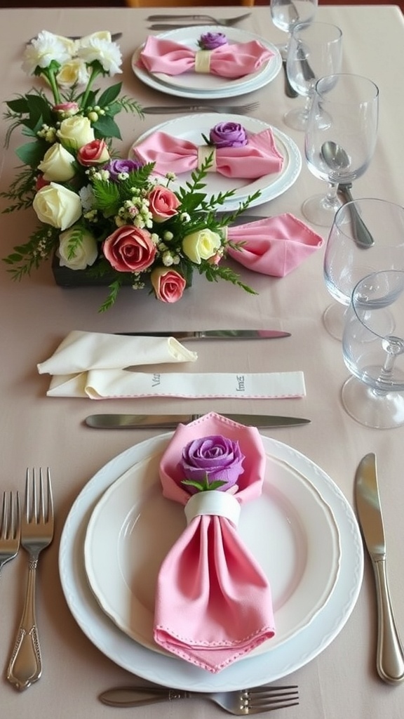 A beautifully arranged bridal shower table setting featuring pink and purple napkins shaped like flowers, a floral centerpiece, and elegant tableware.