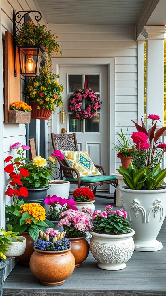 A colorful porch with various flower planters, a cozy chair, and a welcoming door.