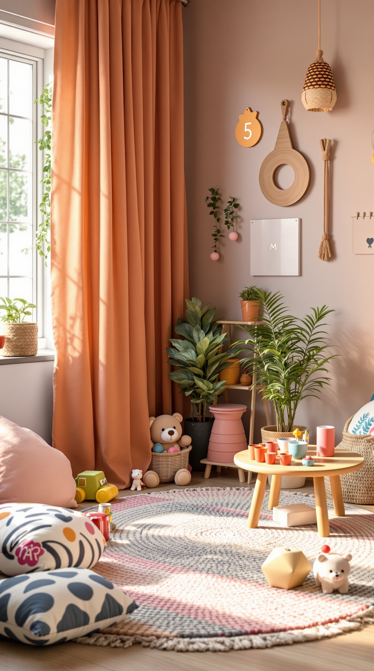 A cozy Japandi kids' room with soft colors, playful decor, and a comfortable play area.