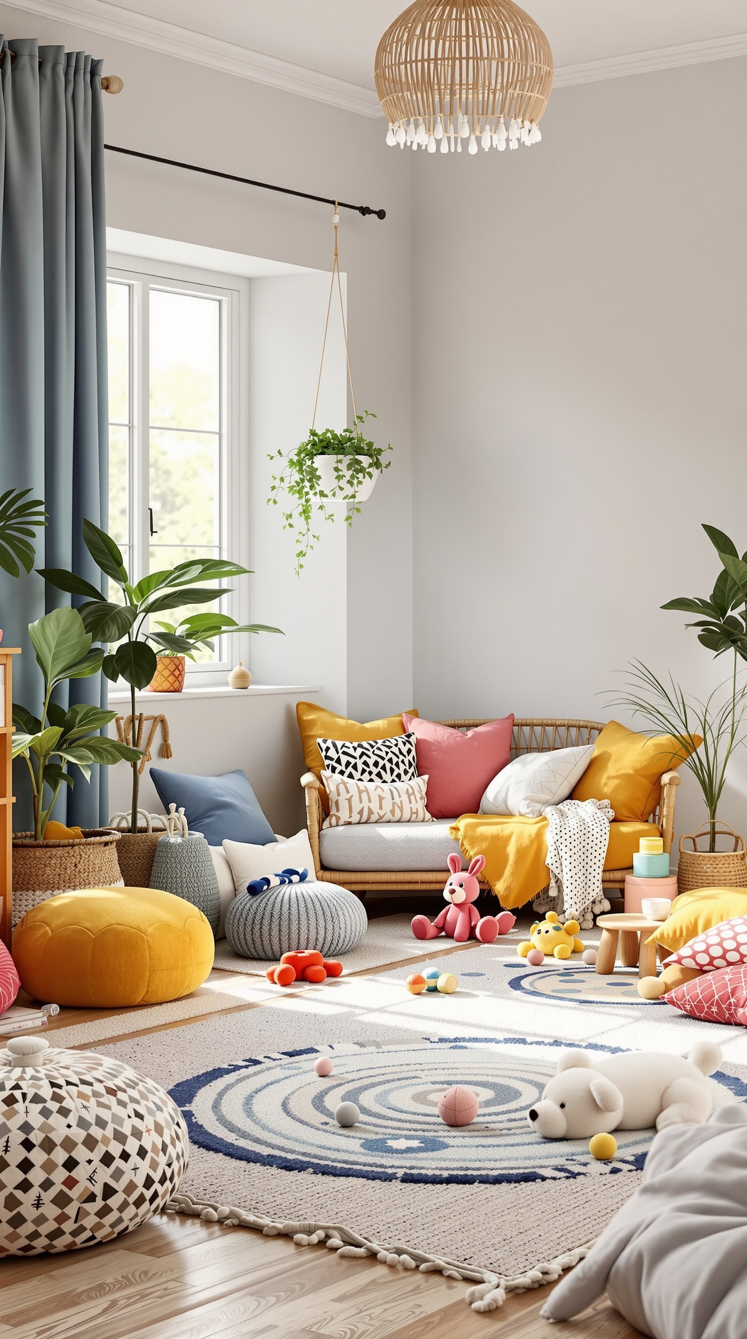 A cozy boho kids room featuring colorful rugs, poufs, and cushions, creating a playful and inviting atmosphere.