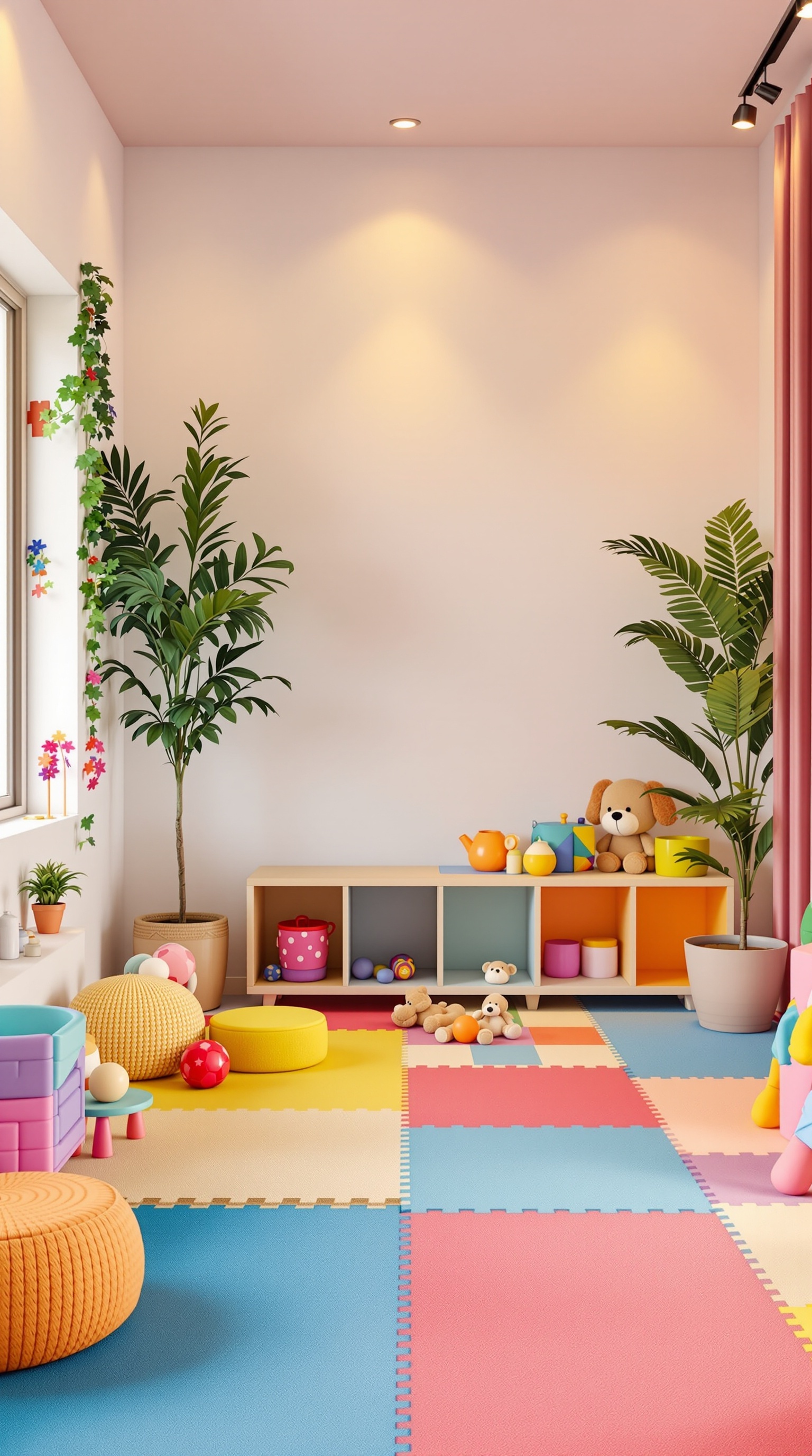 A colorful kids hangout room with soft mats, toys, and plants.