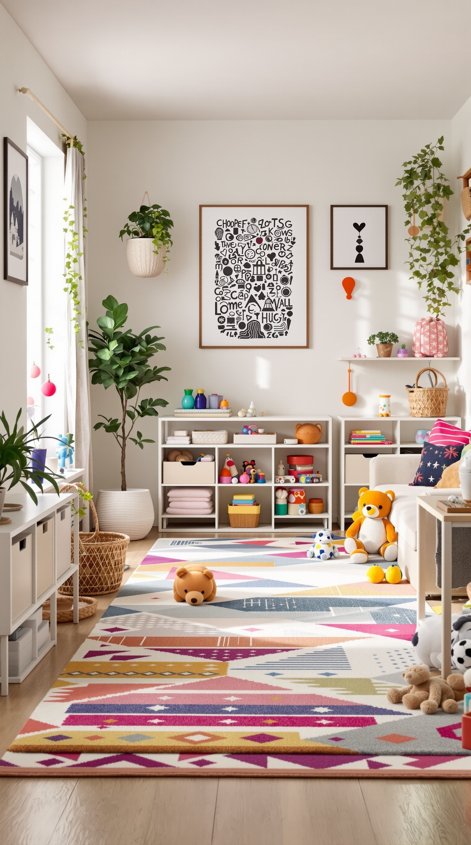 A colorful living room with a play area, featuring shelves for toy storage, a vibrant rug, and decorative plants.