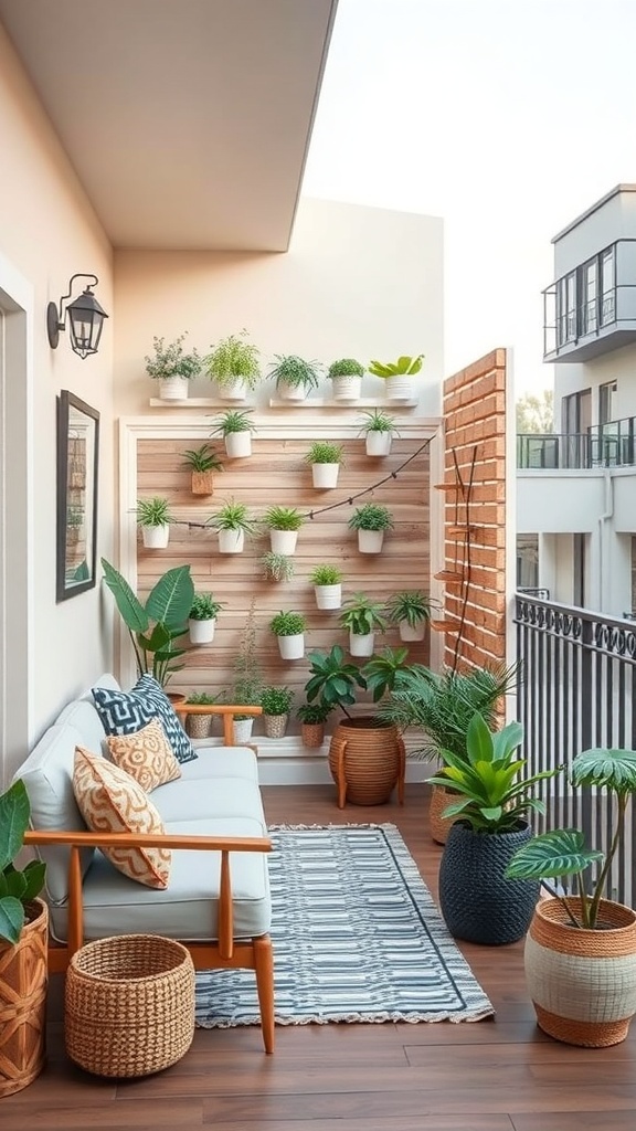 A cozy balcony with a wooden privacy screen, vertical garden, and comfortable seating.