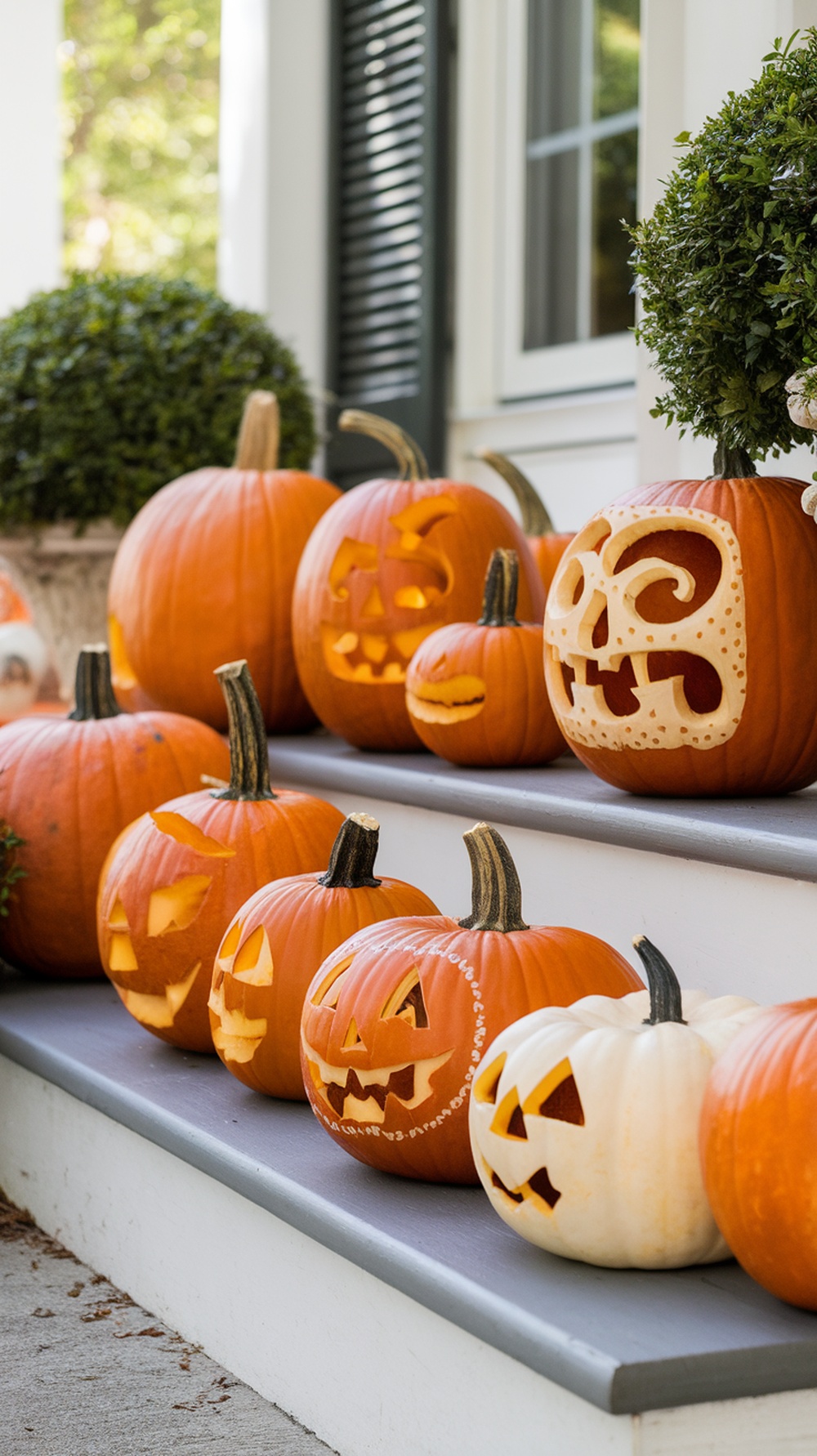 A collection of creatively carved pumpkins on a porch, featuring various expressions and designs.
