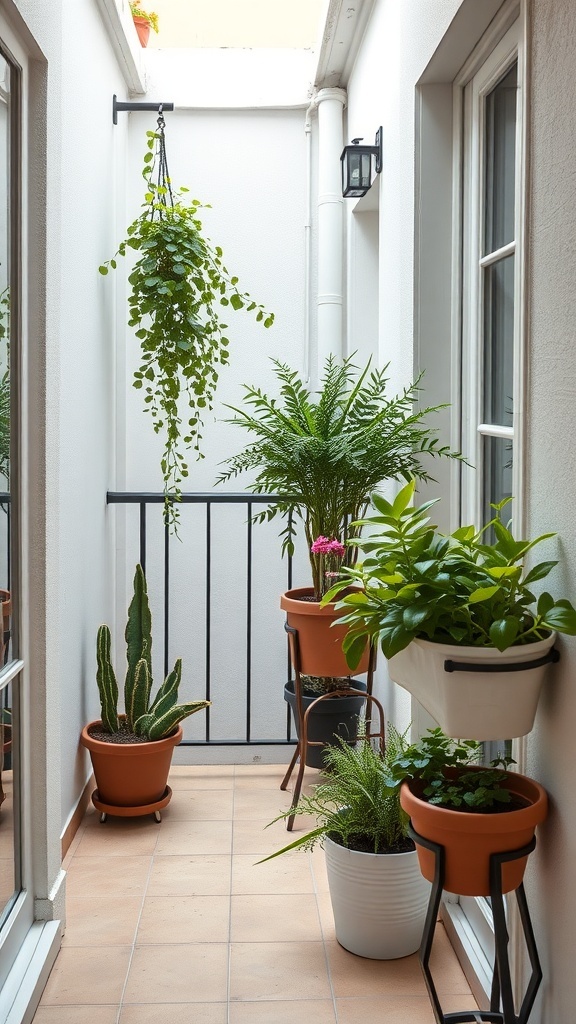 A narrow balcony with various plants in pots, including a hanging plant and rail planters.
