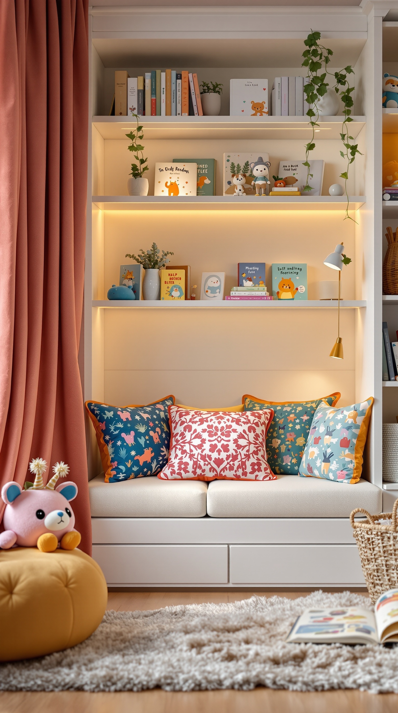 A cozy reading nook with colorful cushions, books on shelves, and a plush rug.