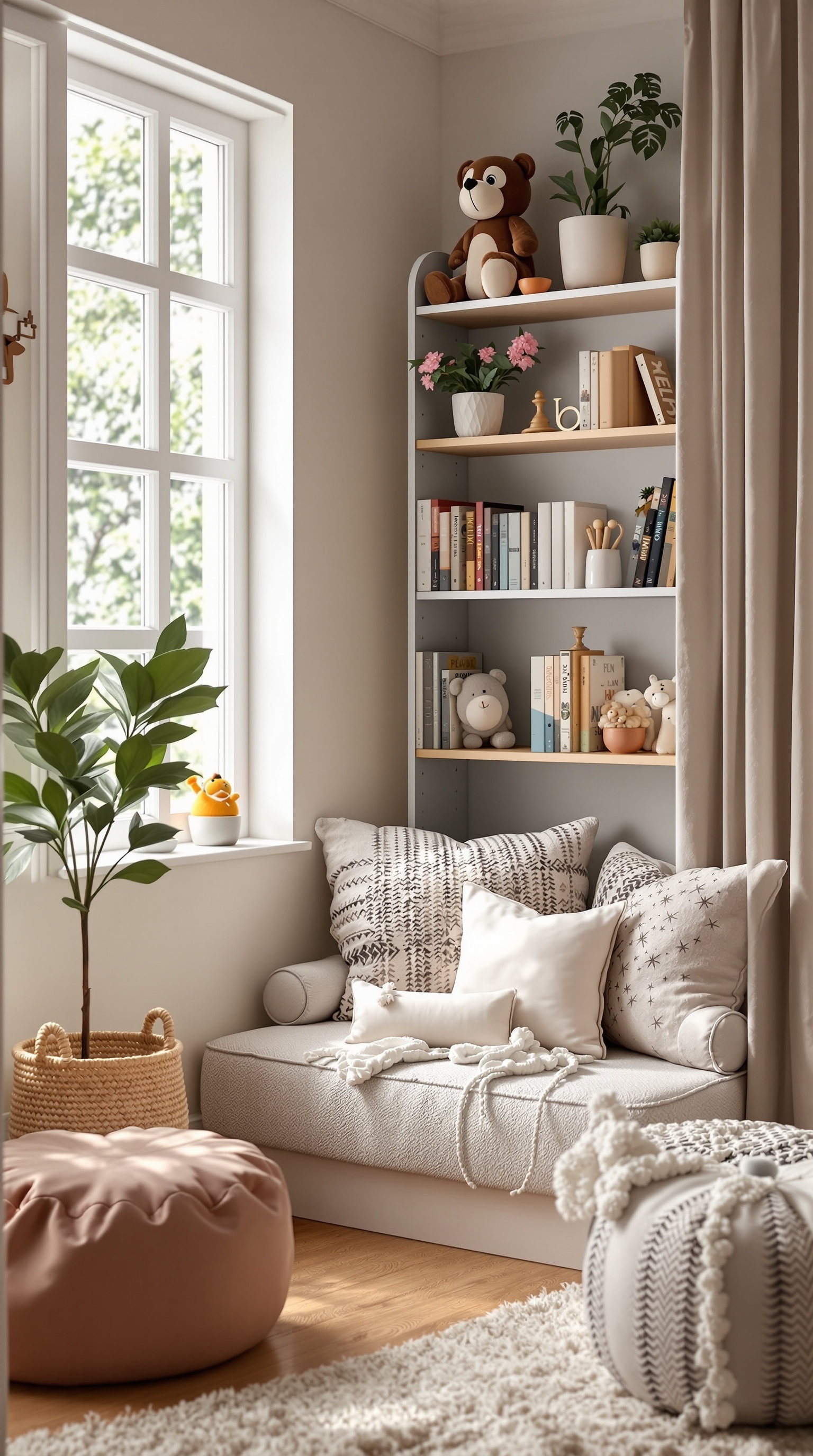 Cozy reading nook for toddlers with cushions, books, and plush toys
