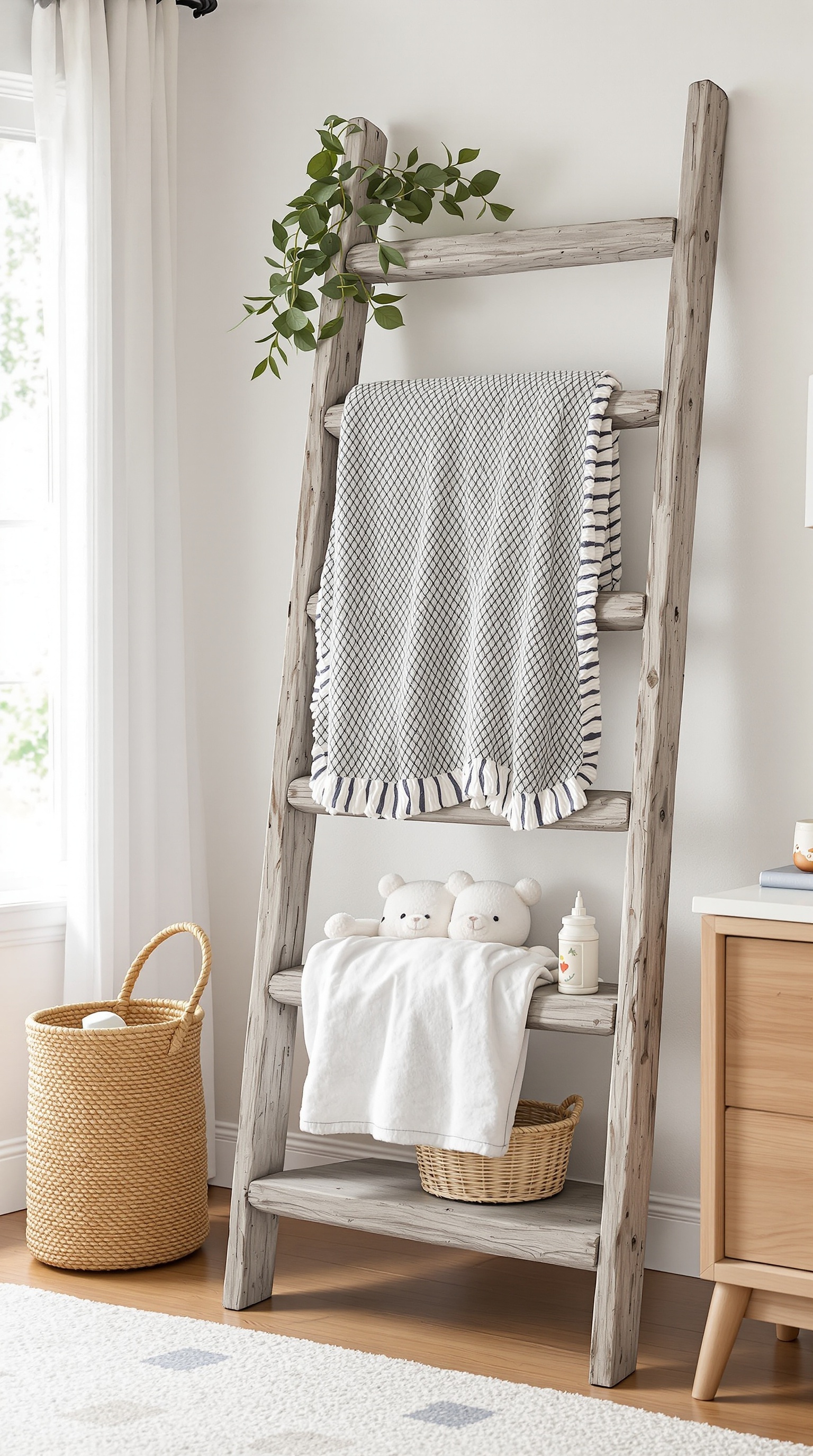 A wooden ladder used for storage in a baby room, featuring a blanket, stuffed animals, and woven baskets.