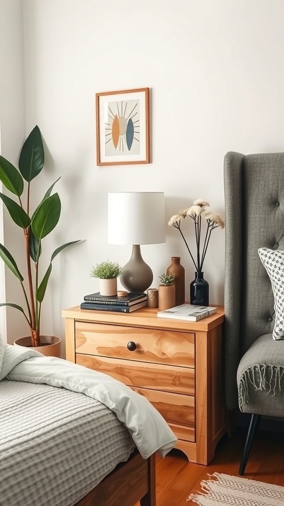A well-organized nightstand featuring plants, a lamp, and decorative items.