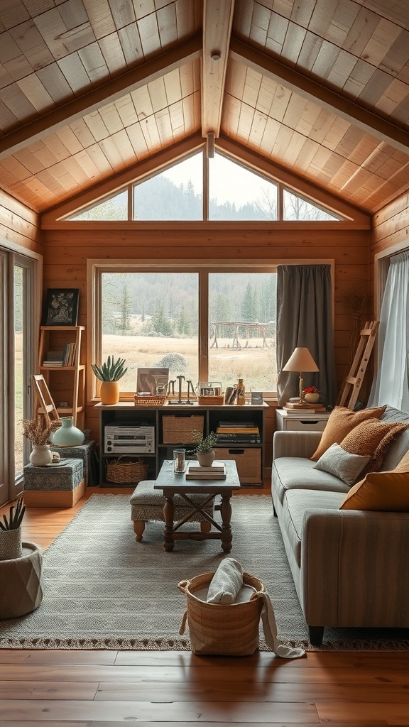 Cozy cabin interior with wooden walls, large windows, and a comfortable living area