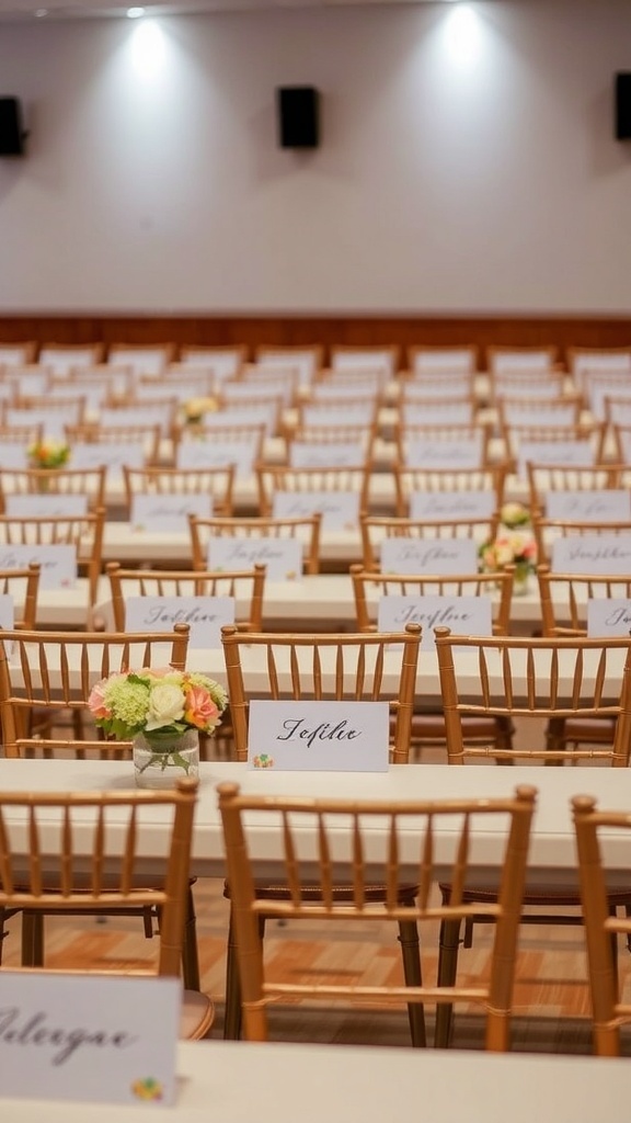 Creative seating arrangements at a bridal shower with personalized name cards and floral centerpieces.