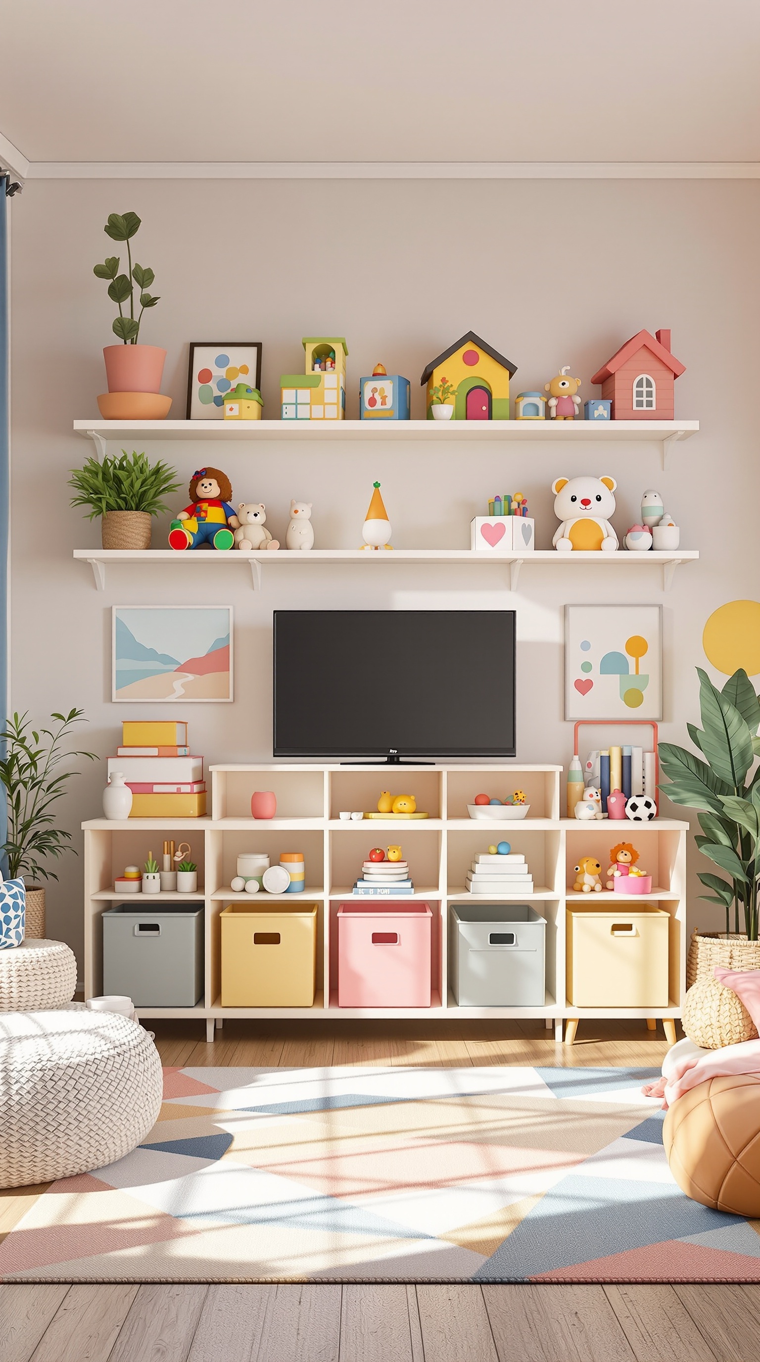 A colorful toy room with creative shelving solutions, featuring open shelves with toys, a lower unit with pastel storage bins, and a cozy seating area.