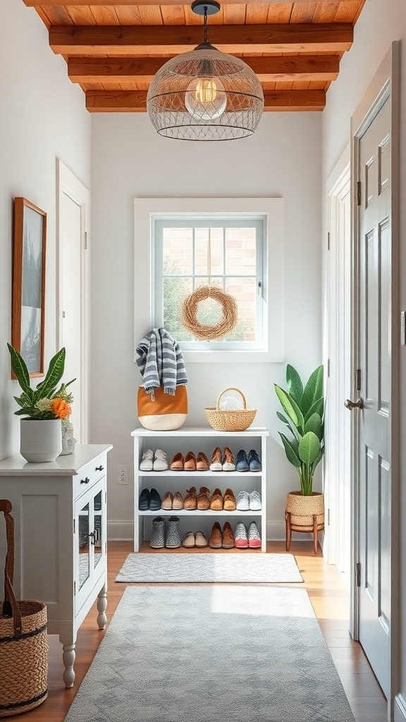 Bright entryway with a shoe rack, potted plant, and decorative elements.