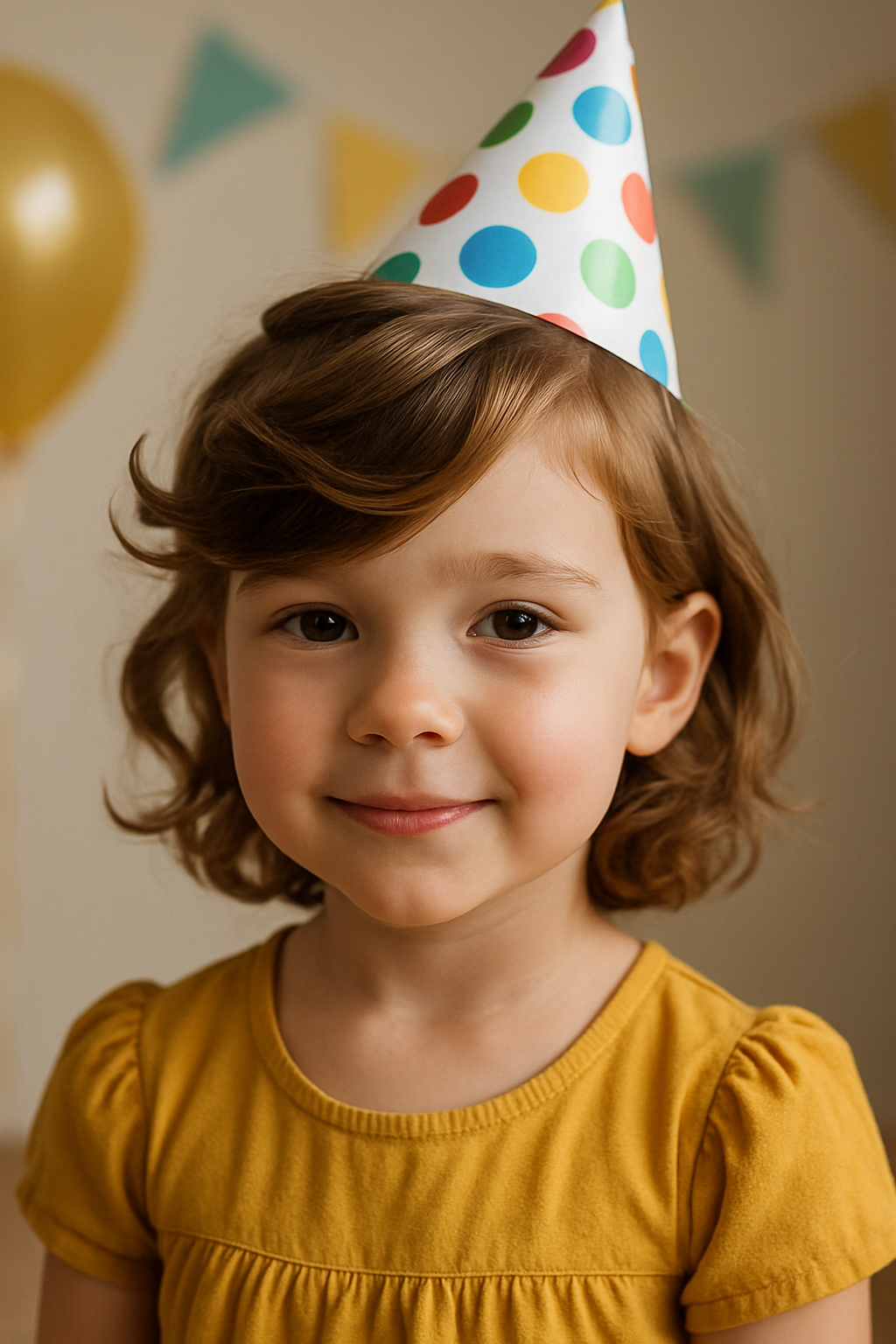A young girl with curly hair and side swept bangs, wearing a colorful party hat.
