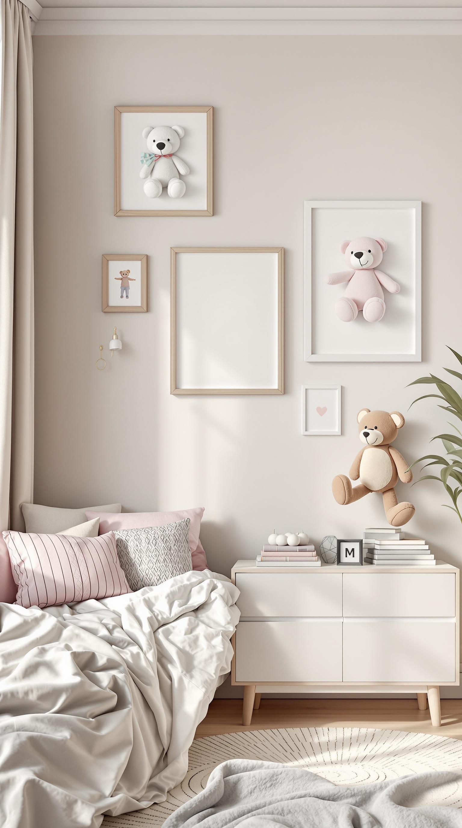 A cozy bedroom with soft toys displayed as wall art in frames.