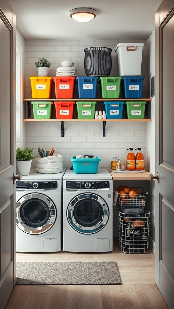 A small utility room featuring colorful storage bins on shelves above a washer and dryer, with decorative items and cleaning supplies.