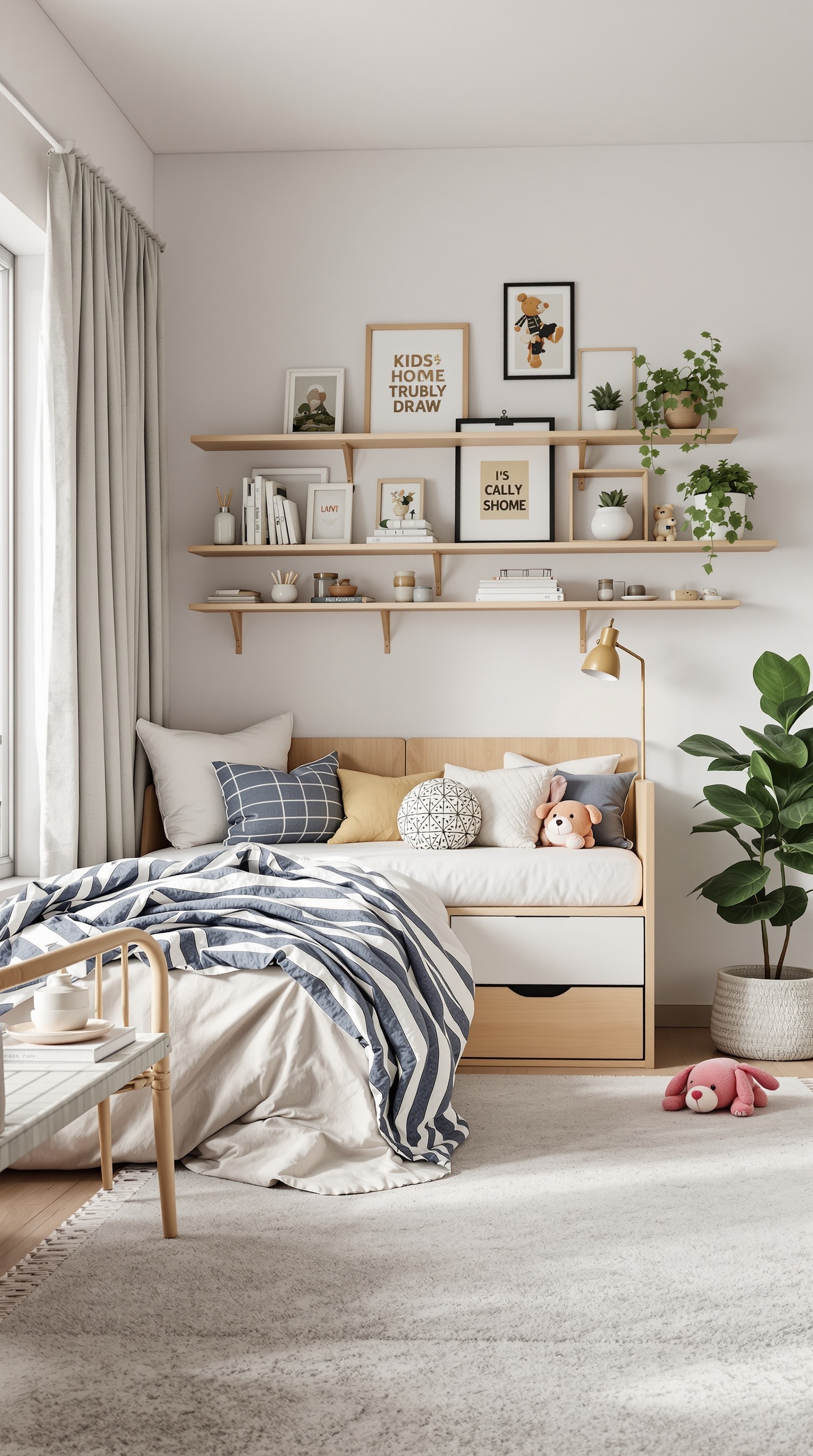 A well-organized kids bedroom featuring a bed with storage drawers, shelves with books and decor, and a cozy atmosphere.