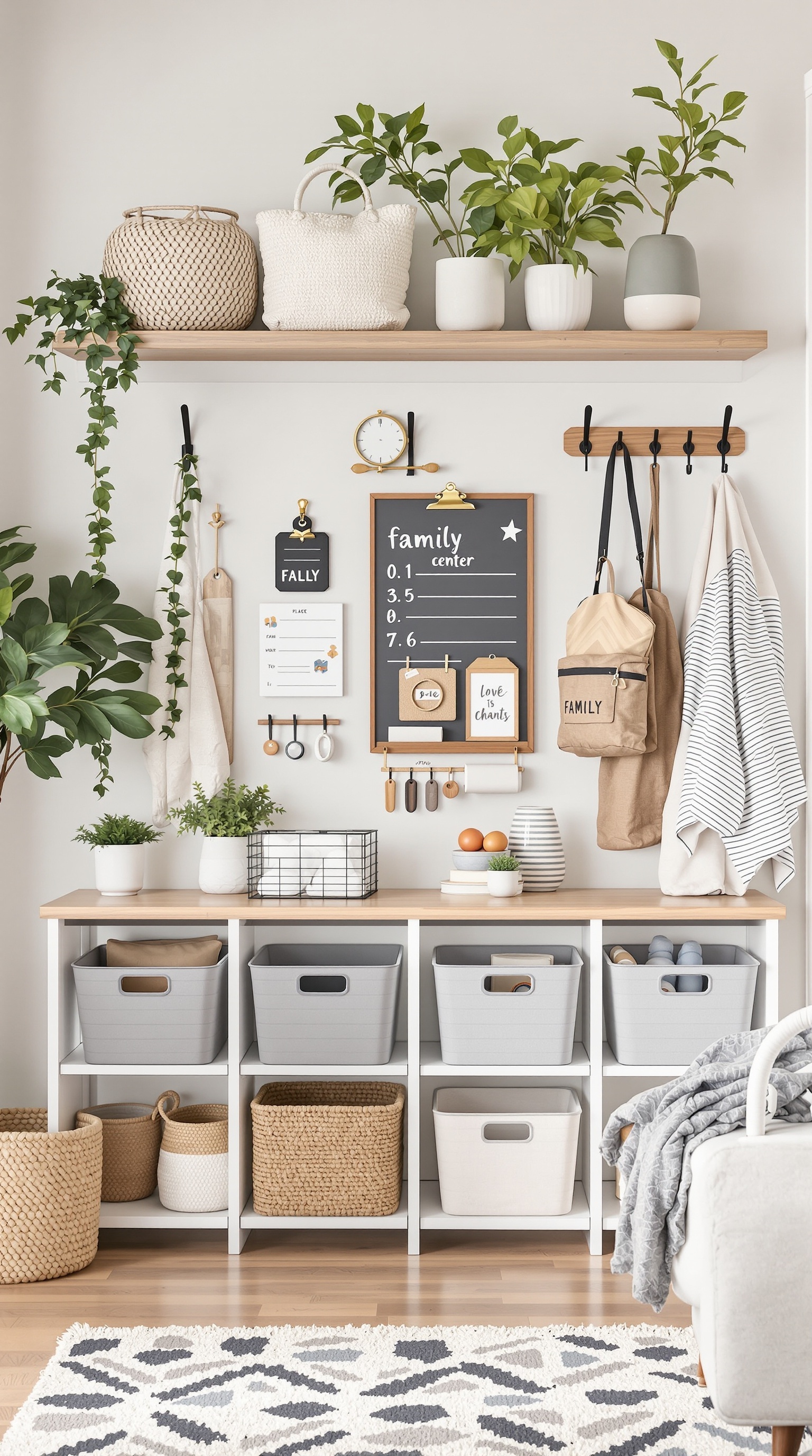 A well-organized family command center wall featuring storage baskets, plants, a chalkboard, and hooks.