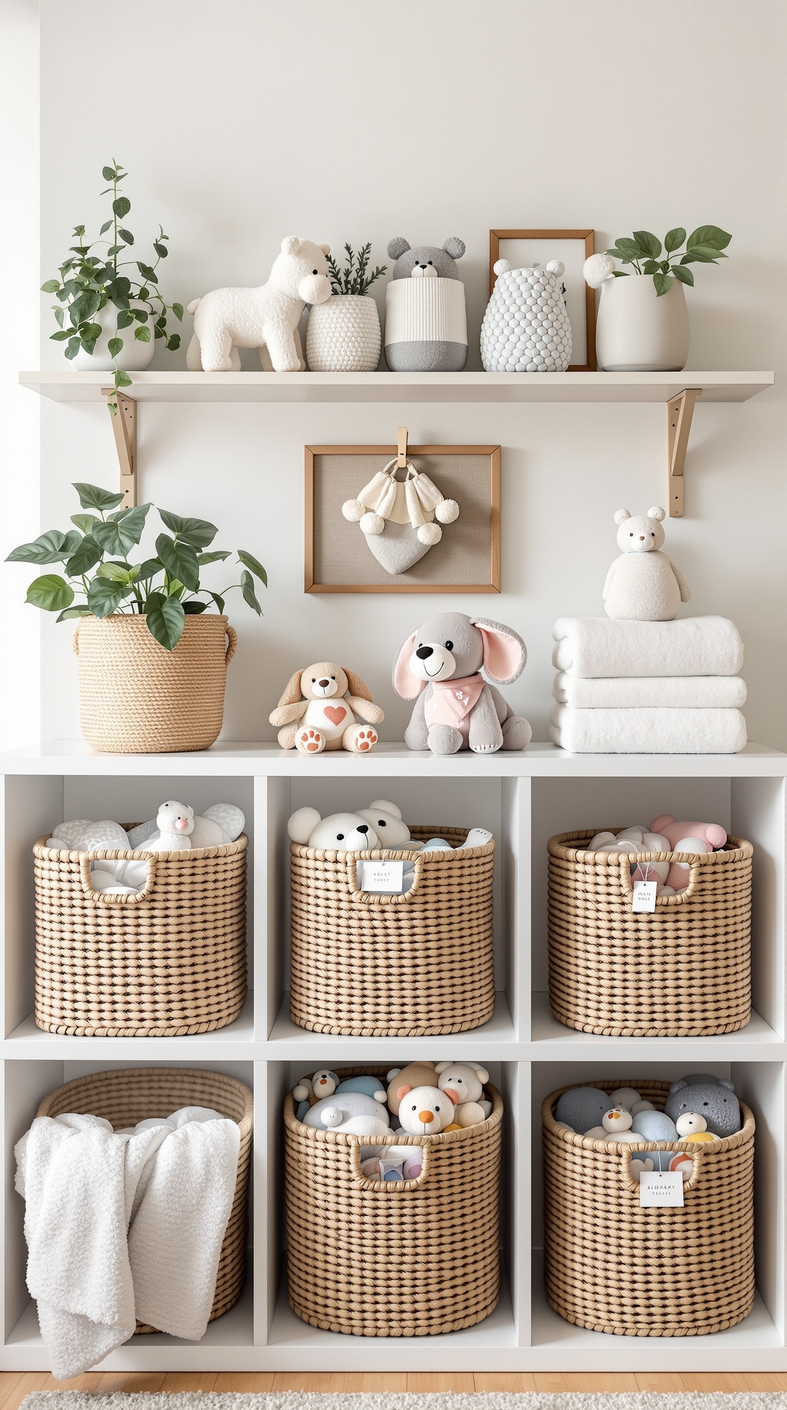 A well-organized baby closet featuring woven baskets, stuffed animals, and neatly folded towels.