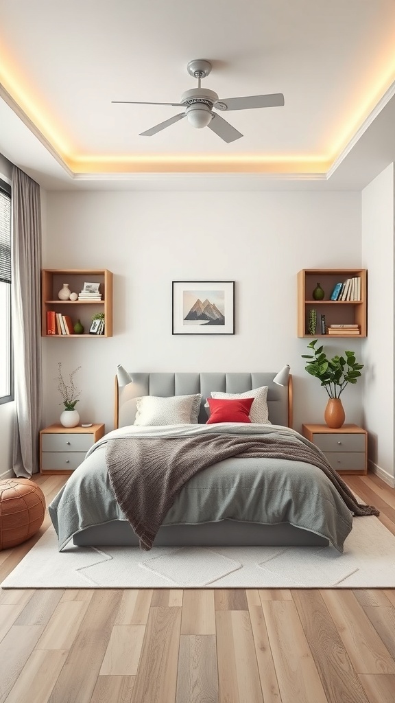 A modern bedroom with a cozy bed, wooden shelves, and warm lighting.