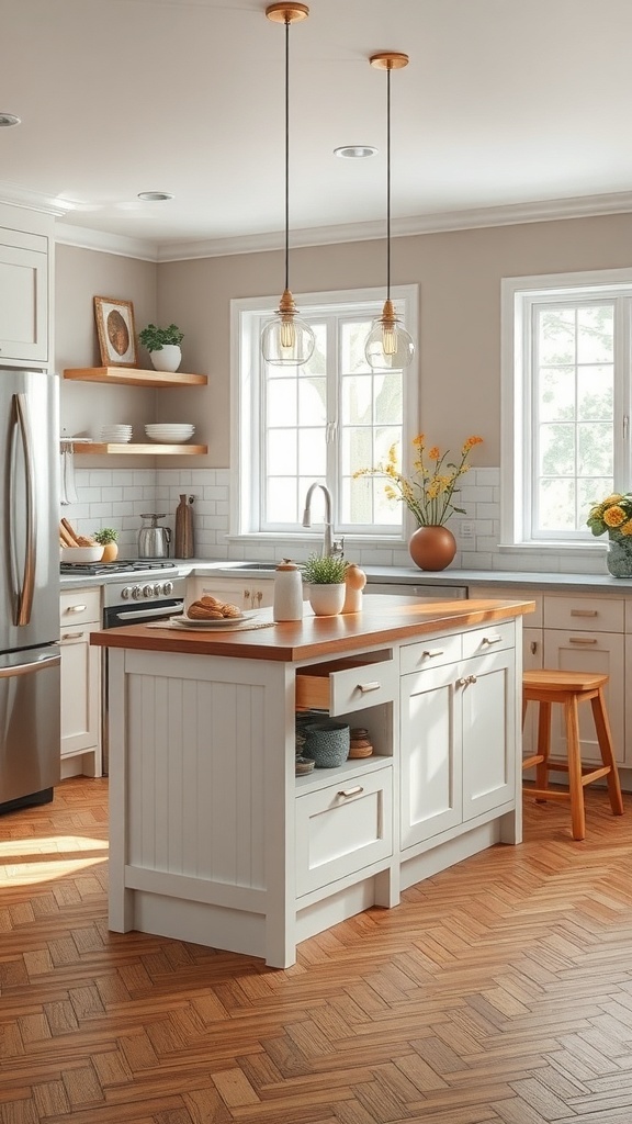 A small kitchen island with storage drawers and open shelving, featuring a light wood top and white cabinetry.