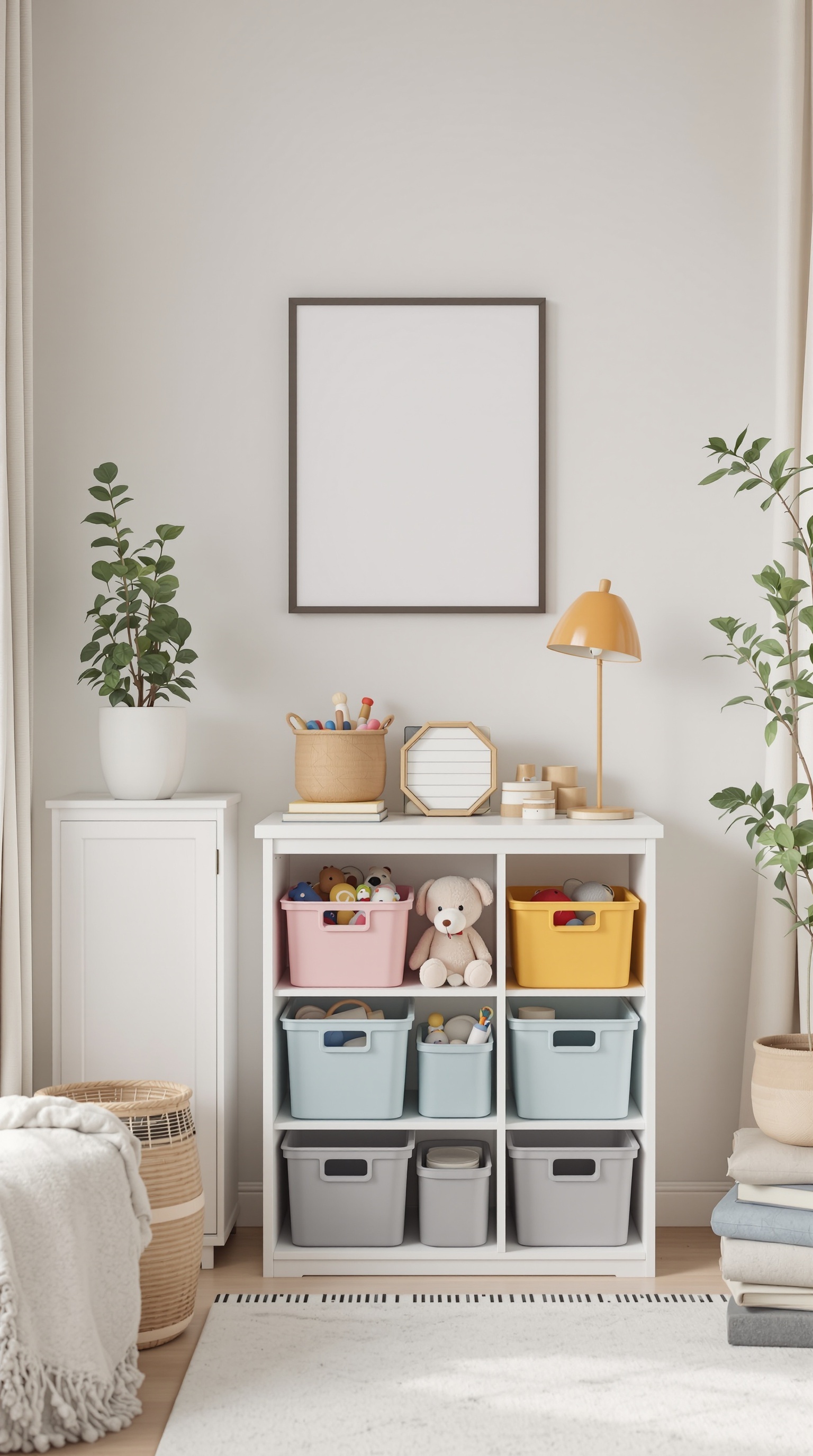 A well-organized toy storage area featuring colorful bins on a shelf, a lamp, and decorative items in a cozy room.
