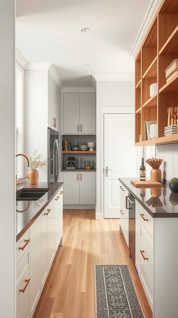 A modern galley kitchen featuring a gray and white color scheme, showcasing creative storage options with open shelves and pull-out drawers.