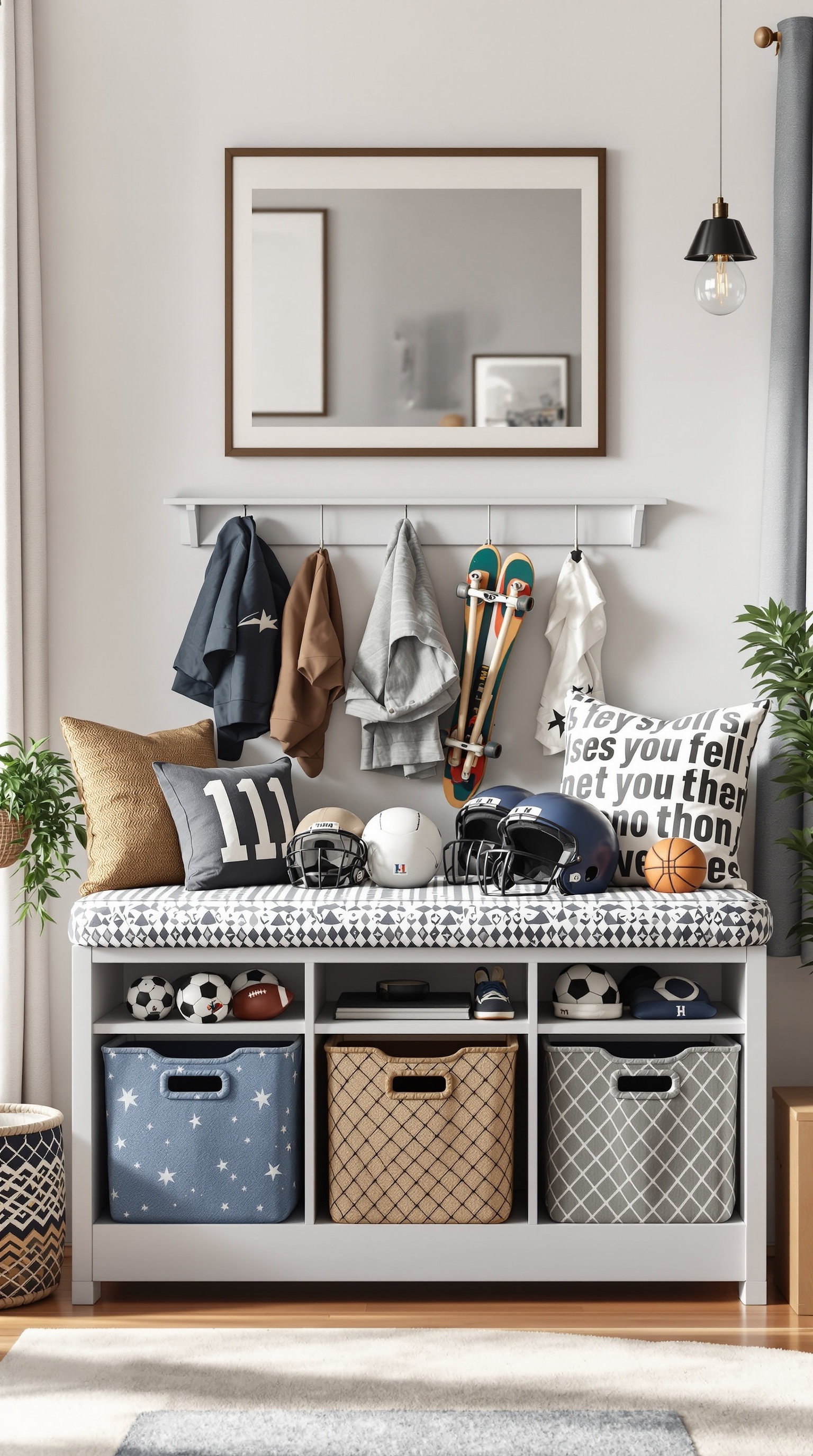 A stylish storage bench in a kids sports bedroom, featuring hooks for jackets and skateboards, and colorful bins for sports gear.