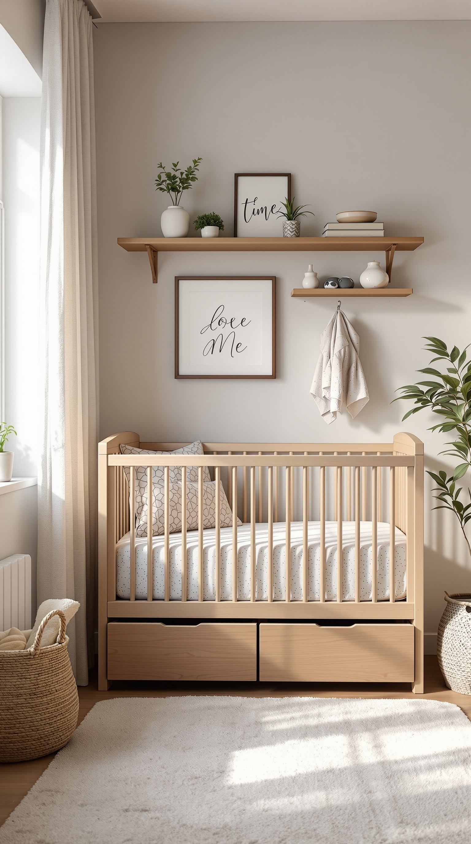 A small baby room featuring a crib with storage drawers, decorative shelves, and a cozy rug.