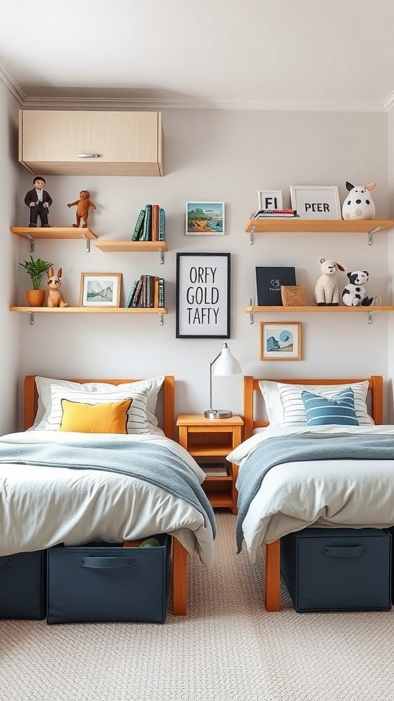 A small shared kids bedroom with two beds, floating shelves, and under-bed storage.