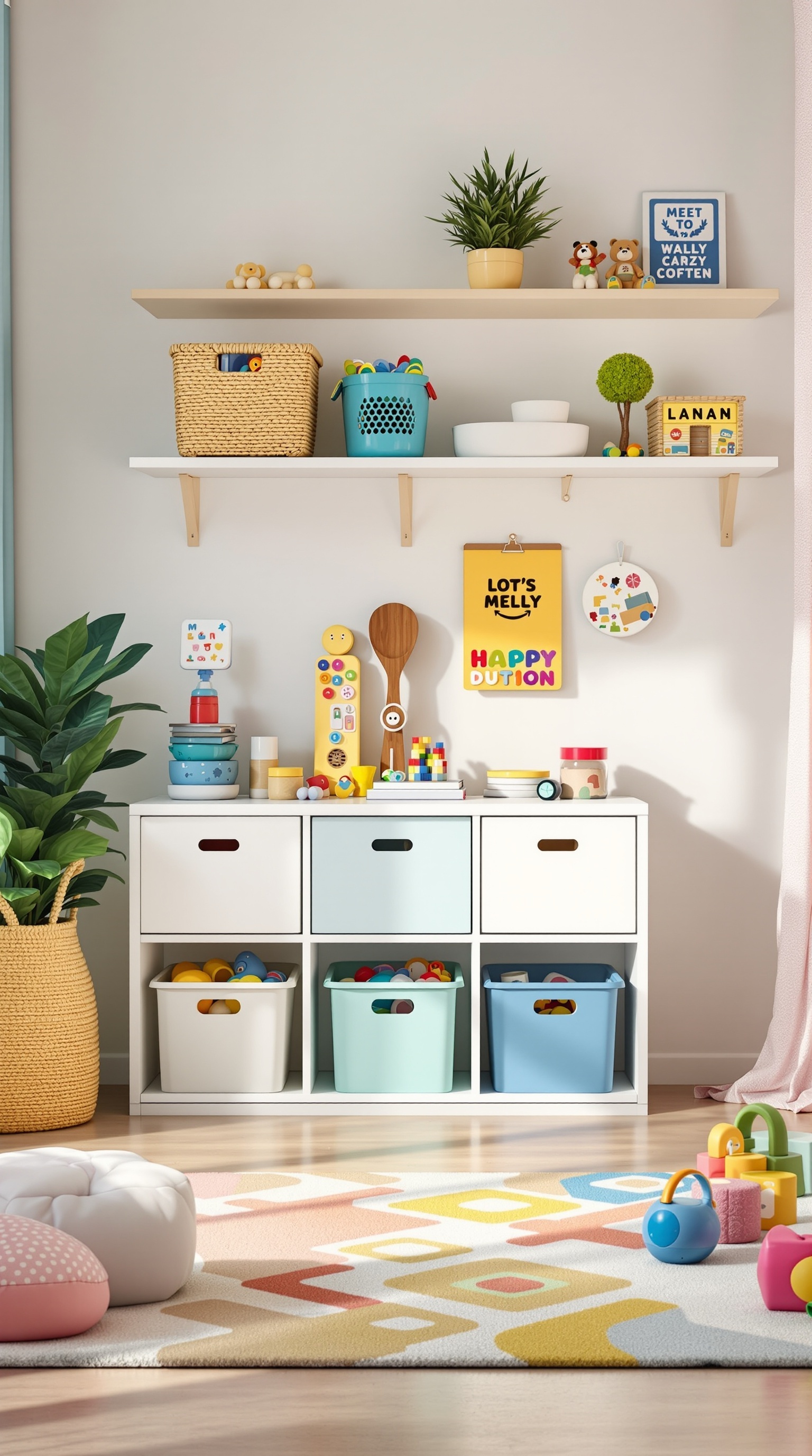 A colorful kids room with creative storage solutions for toys, featuring a white shelving unit with bins, a patterned rug, and playful decor.