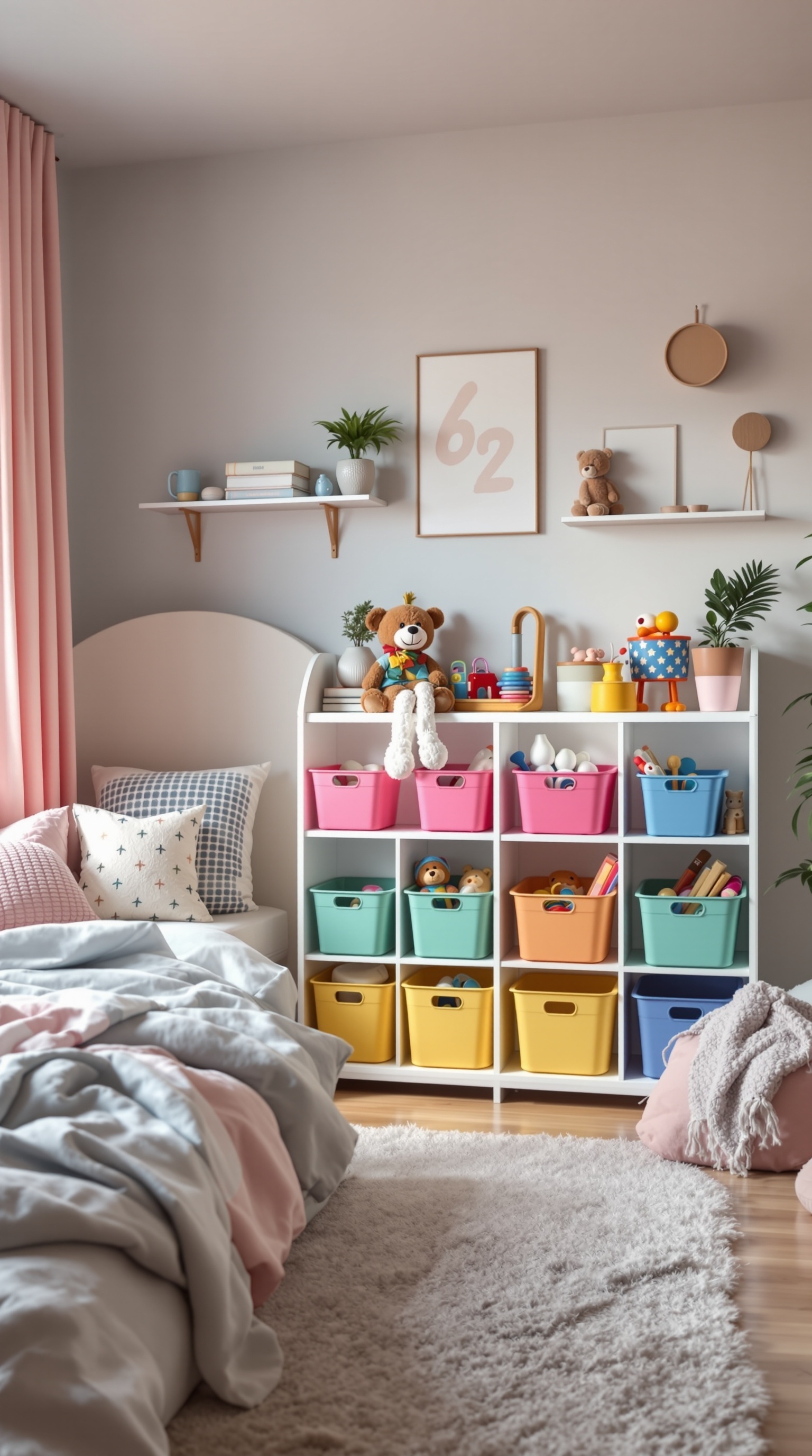 A colorful kids bedroom featuring a storage shelf with bins for toys, a cozy bed, and decorative items.