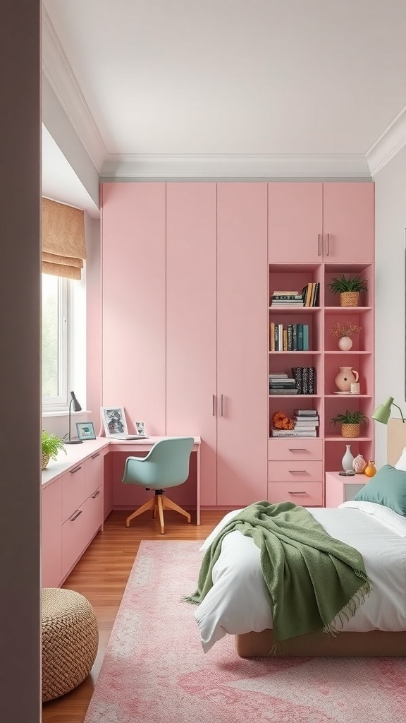 A pink and green themed bedroom with built-in storage, a desk area, and a cozy bed.