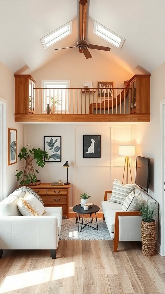 Cozy tiny house living area with a loft, featuring light-colored furniture and plants.