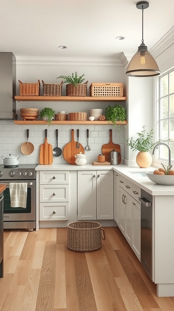 A cozy kitchen featuring open wooden shelves with baskets and plants, white cabinetry, and a warm wooden floor.