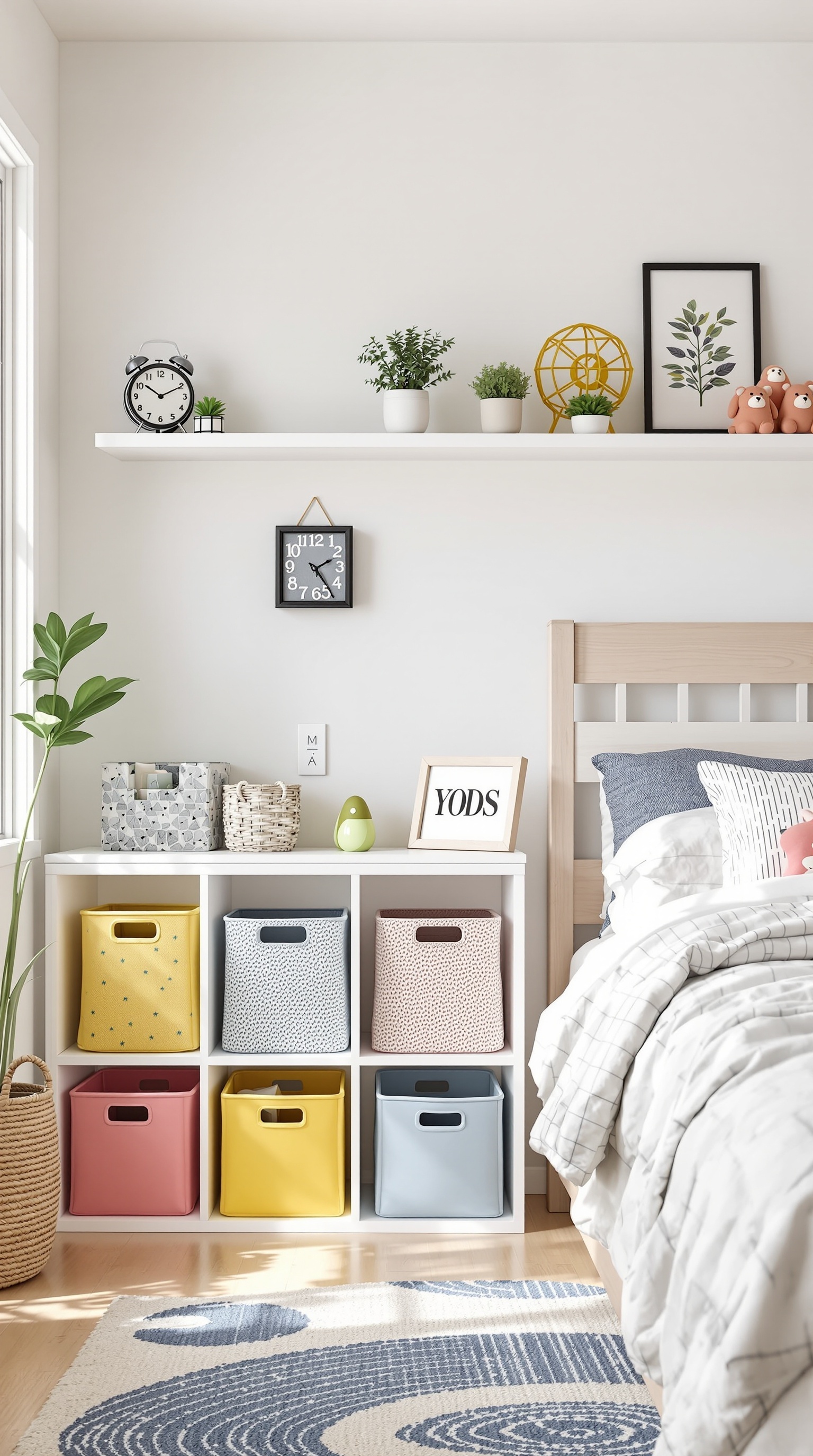 A bright kids room with creative storage solutions including colorful bins and open shelves.